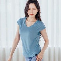 【Neoner涼感衣】超細涼絲包袖V領T恤-莫蘭迪藍
